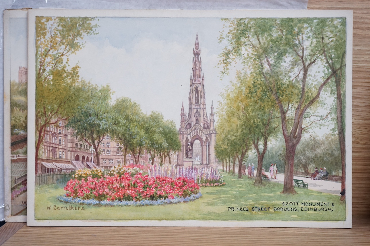 William Affleck, (Aka Carruthers, 1868-1943), a set of six original watercolours for post card designs, Edinburgh scenes to include; ‘Holyrood Place’, ‘Edinburgh Castle’, ‘Scottish National War Memorial’ and ‘Princes Str